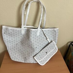 White Patterned Tote Bag with Removable Pouch